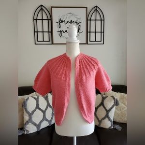 Vintage Coral Pink Open Front Knitted Cardigan Sweater One Size Classic Boho